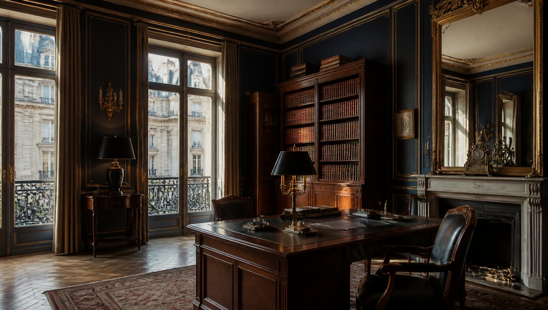 Bureau d'un office notarial parisien, boiseries et bibliothèque juridique